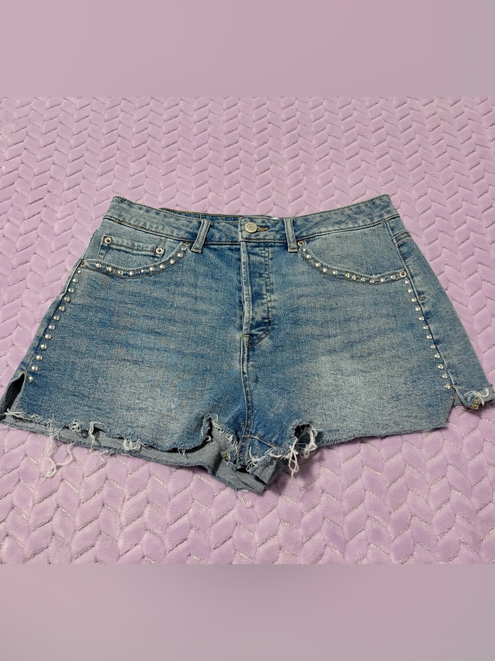 Vanilla Star Light Blue Distressed Denim Shorts with Stud Accents